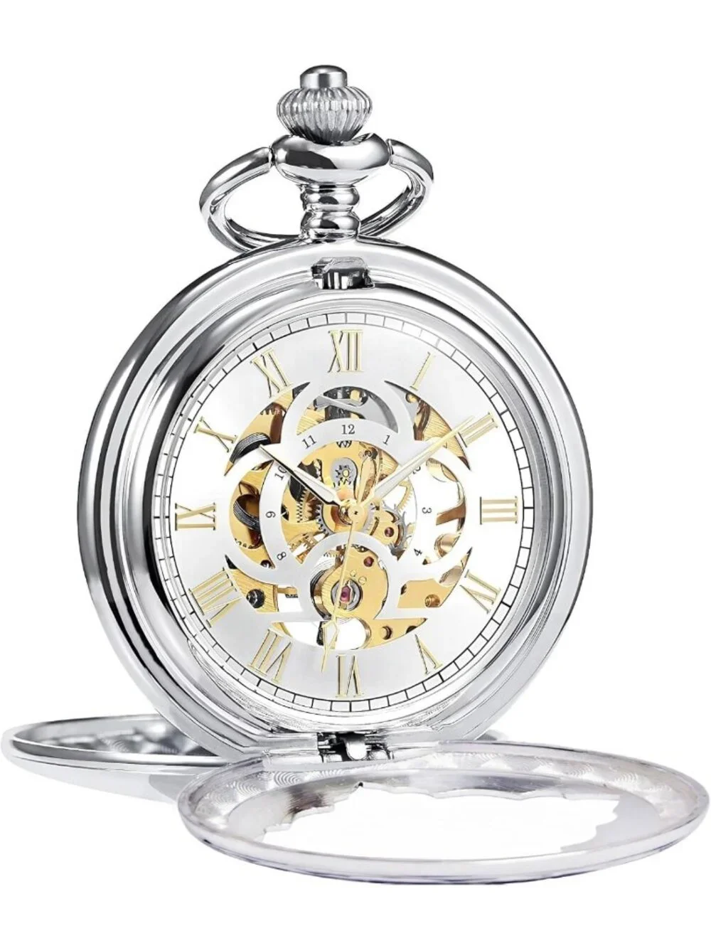 Vintage Silver Skeleton Mechanical Pocket Watch with Chain - Double-Open Case